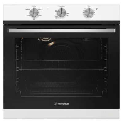 Westinghouse 60cm multi-function 5 white oven with 10 Amp plug, 2 hour auto-off timer, knob controls, and 80L WVE6314WD
