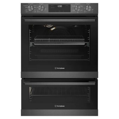Westinghouse 60cm multi-function 8/5 dark stainless steel duo oven with AirFry, telescopic runners, programmable timer, and 80L/46L WVE6526DD