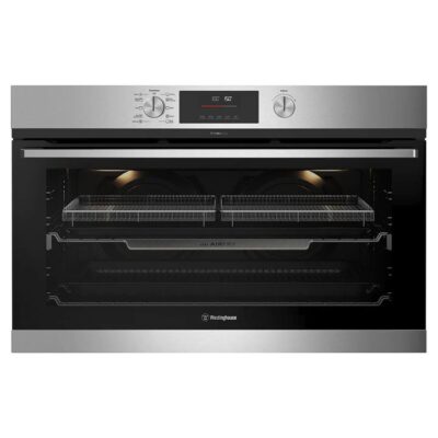 Westinghouse 90cm multi-function 10 stainless steel PyroClean oven with AirFry, twin fan, and 125L WVEP9716SD