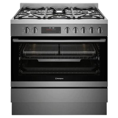 Westinghouse 90cm dual fuel freestanding oven with 5 burner gas cooktop, multi-function 10 pyrolytic oven, EasyBake +Steam, AirFry WFEP9717DD
