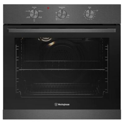 Westinghouse 60cm multi-function 5 dark stainless steel oven with 10 Amp plug, 2 hour auto-off timer, knob controls, and 80L WVE6314DD