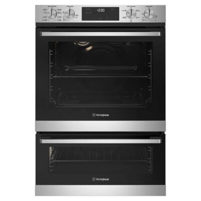 Westinghouse 60cm multi-function 8/5 stainless steel duo oven with fast heat up, programmable timer, and 80L/46L WVE6525SD