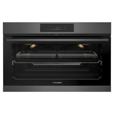 Westinghouse 90cm multi-function 17 dark stainless steel PyroClean oven with AirFry, EasyBake +Steam, twin fan, and full touch TFT controls WVEP9917DD