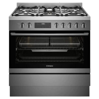 Westinghouse 90cm dual fuel freestanding oven with 5 burner gas cooktop, multi-function 8 oven, AirFry, 125L WFE9516DD