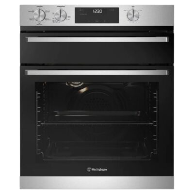 Westinghouse 60cm multi-function 5 stainless steel underbench oven with separate grill, fast heat up, programmable timer, and 80L WVE6555SD