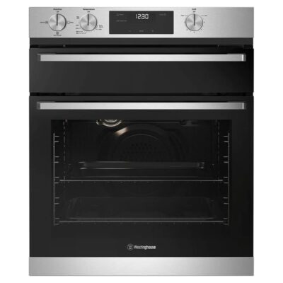 Westinghouse 60cm multi-function 3 stainless steel underbench fan forced gas oven with separate grill, programmable timer, knob controls and 80L WVG65