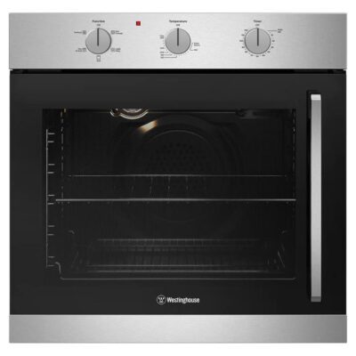 Westinghouse 60cm multi-function 5 stainless steel oven with side opening door, 2 hour auto-off timer, knob controls, and 80L WVES6314SD-L