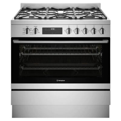 Westinghouse 90cm dual fuel freestanding oven with 5 burner gas cooktop, multi-function 8 oven with Twin Fan, and 125L WFE9515SD