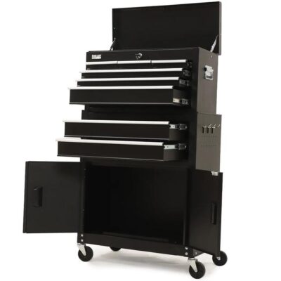 BULLET PRO 8 Drawer Tool Box Chest Cabinet Storage, with 2-Door Toolbox Garage Organiser Set, Black