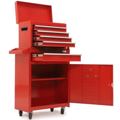 BULLET PRO 5 Drawer Tool Box Cabinet Chest Storage, with 1-Door Toolbox Garage Organiser Set, Red